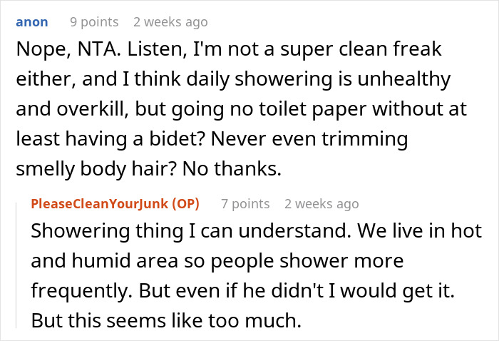 Reddit comments discussing boyfriend's hygiene and showering habits.