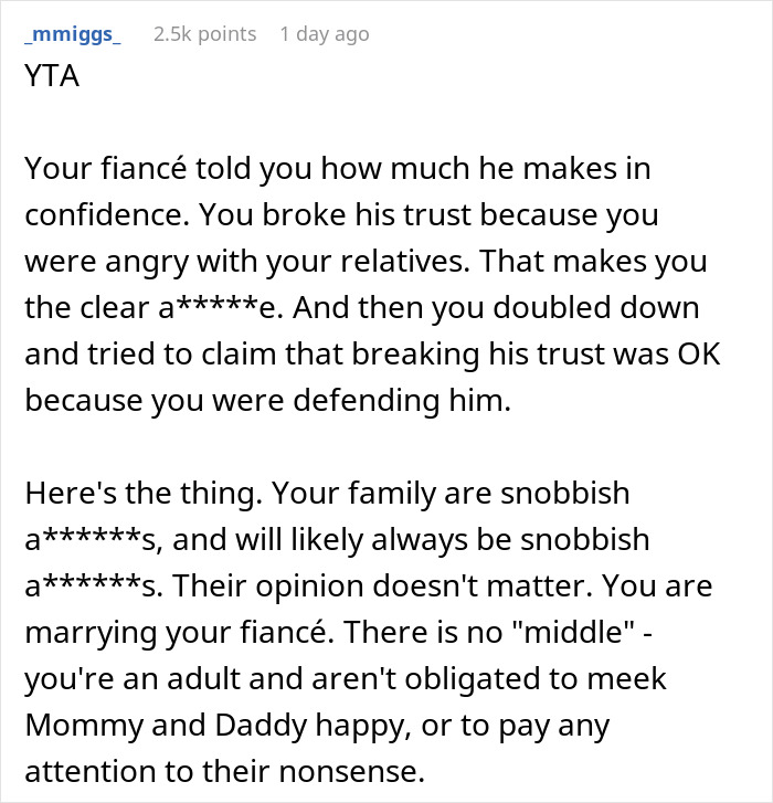 Text post discussing family rejecting daughter's fianc&eacute; and revealing his earnings, focusing on trust and conflict with relatives.