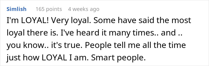 Text on a forum about loyalty and being told of one's own loyalty by others. Text on a forum about loyalty and being told of one's own loyalty by others.