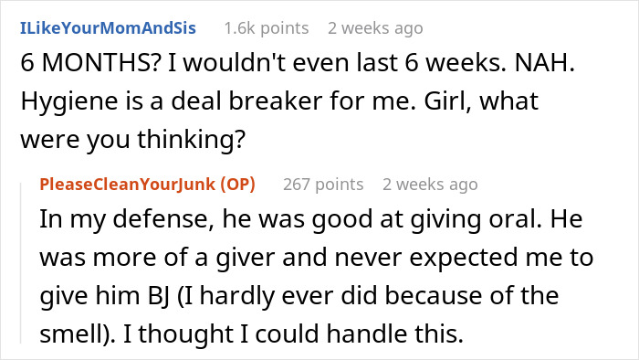 Reddit comments discussing relationship and hygiene issues.