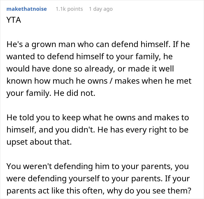 Comment explaining family rejection of daughter&rsquo;s fianc&eacute; after she revealed his earnings in a relationship dispute.