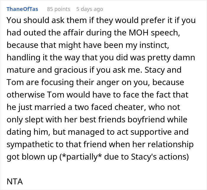 Comment discussing drama involving maid of honor, boyfriend breakup, cheating, and tensions at best friend's wedding.