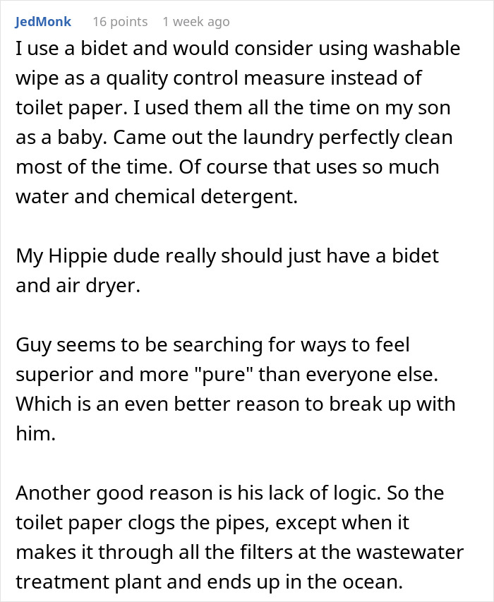 "Comments discussing boyfriend's hygiene with emphasis on bidet usage and breakup reasons.