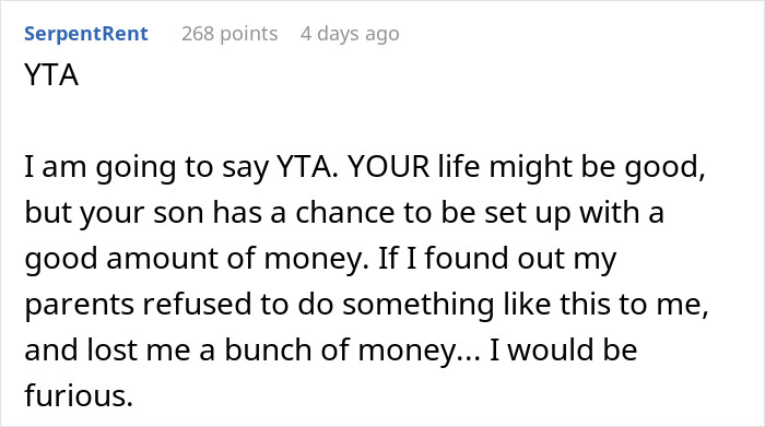 Comment text discussing rich grandparents promising inheritance and the mother's disapproval of requirements for it.