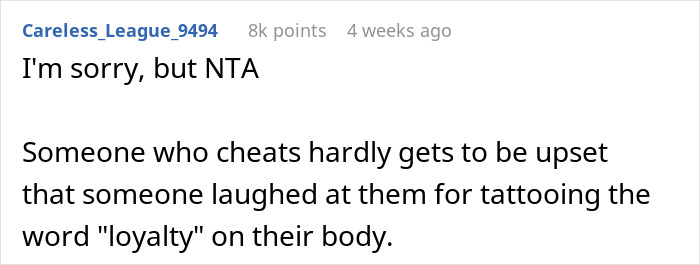 Reddit comment about a brother laughing at a "loyalty" tattoo, sparking sibling drama. Reddit comment about a brother laughing at a "loyalty" tattoo, sparking sibling drama.