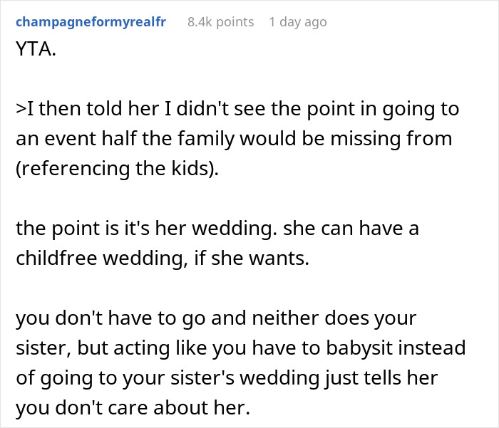 Woman Decides To Skip On Sister’s Child-Free Wedding And Be The Babysitter, Enraging The Bride Woman Decides To Skip On Sister’s Child-Free Wedding And Be The Babysitter, Enraging The Bride