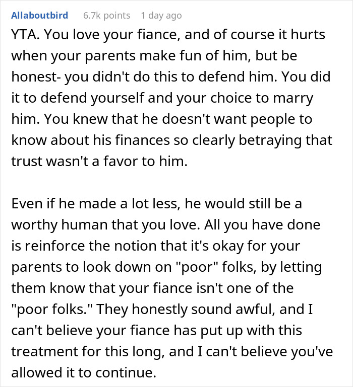 Alt text: Reddit comment discussing family rejection of daughter&rsquo;s fianc&eacute; and revealing his earnings in emotional response.