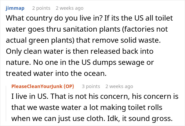 Comments discussing sanitation and water waste concerns related to hygiene.