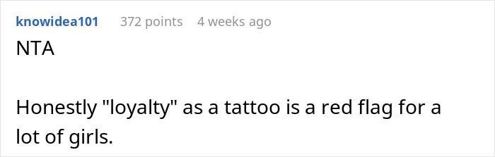 Reddit comment humorously discusses "loyalty" tattoo as a relationship red flag. Reddit comment humorously discusses "loyalty" tattoo as a relationship red flag.