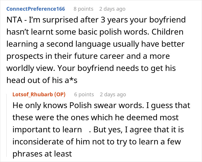 Screenshot of a Reddit conversation about a woman speaking Polish to her child despite boyfriend&rsquo;s request to stop.
