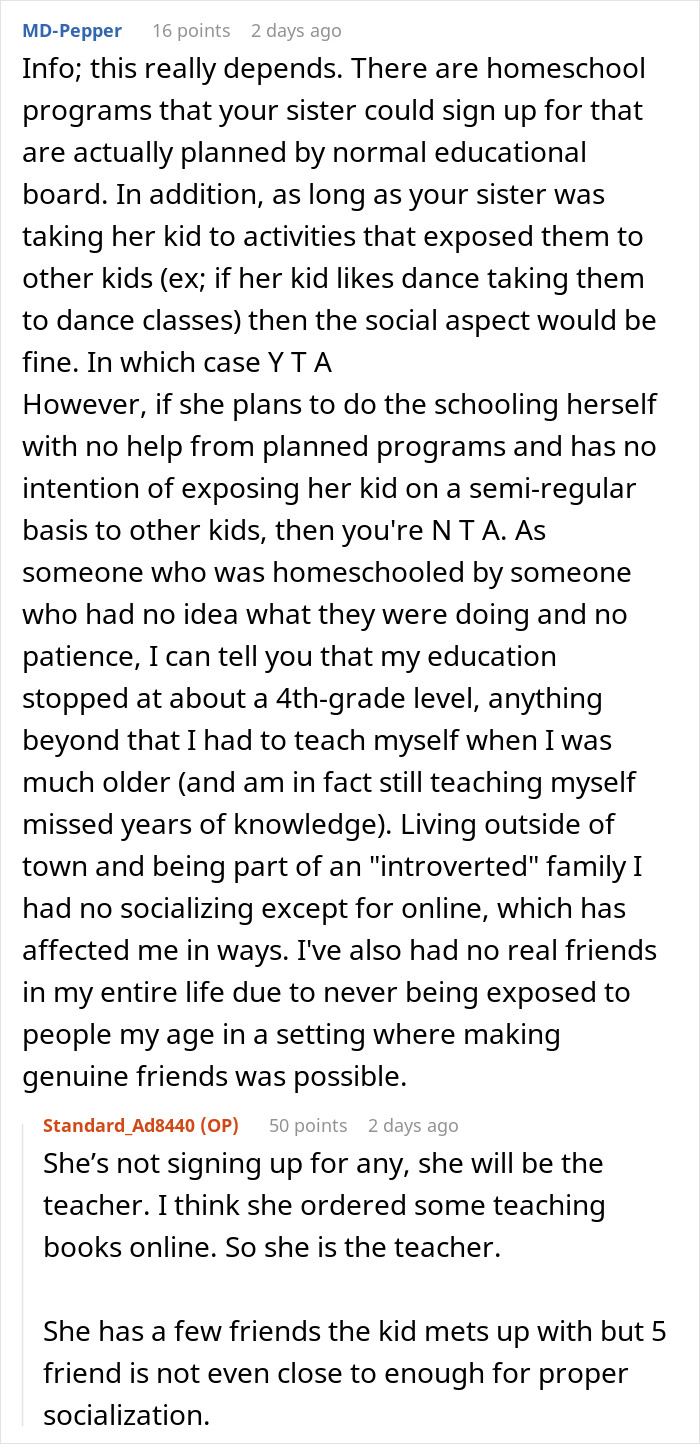 Person Makes Their Sister Cry By Quizzing Her After She Claimed She Would Homeschool Her Kid