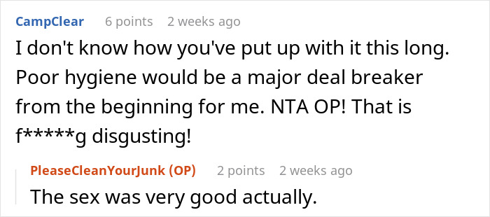 Reddit comments discussing a relationship break due to boyfriend's poor hygiene.