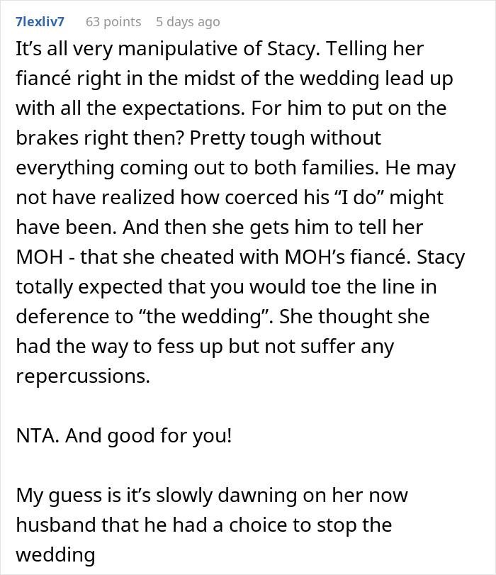 Comment discussing the maid of honor learning why her boyfriend broke up and walking out of best friend's wedding.