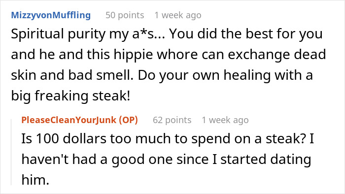 Reddit comments about hygiene issues in a relationship, mentioning a steak and personal healing advice.