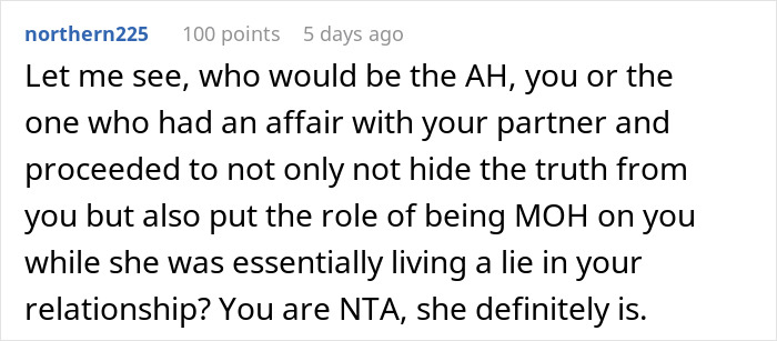 Screenshot of a Reddit comment discussing the maid of honor finding out why her boyfriend broke up and walking out of a wedding.