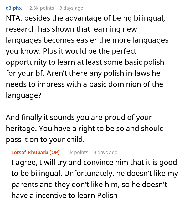 Comment discussion on a woman speaking Polish to her kid despite boyfriend&rsquo;s request, focusing on bilingual parenting.