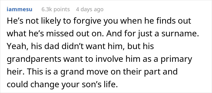 Comment about rich grandparents promising inheritance to grandchild amid family tensions over conditions.