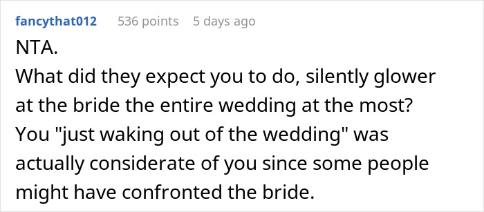 Comment on maid of honor finding out why her boyfriend broke up and walking out of best friend's wedding.