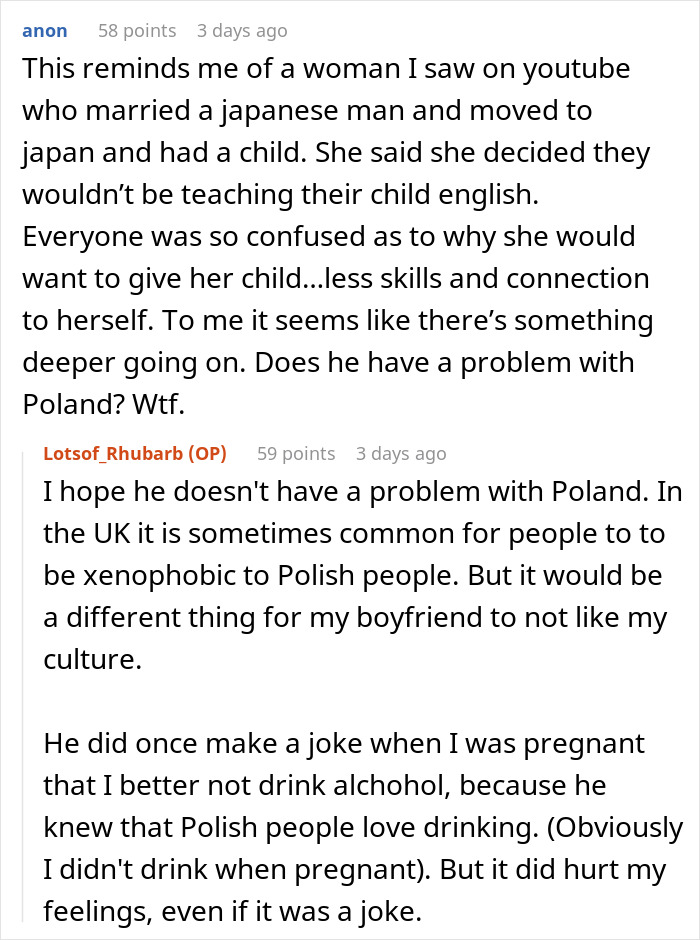 Reddit conversation about a woman speaking Polish to their child despite boyfriend&rsquo;s request, questioning if she&rsquo;s a jerk.