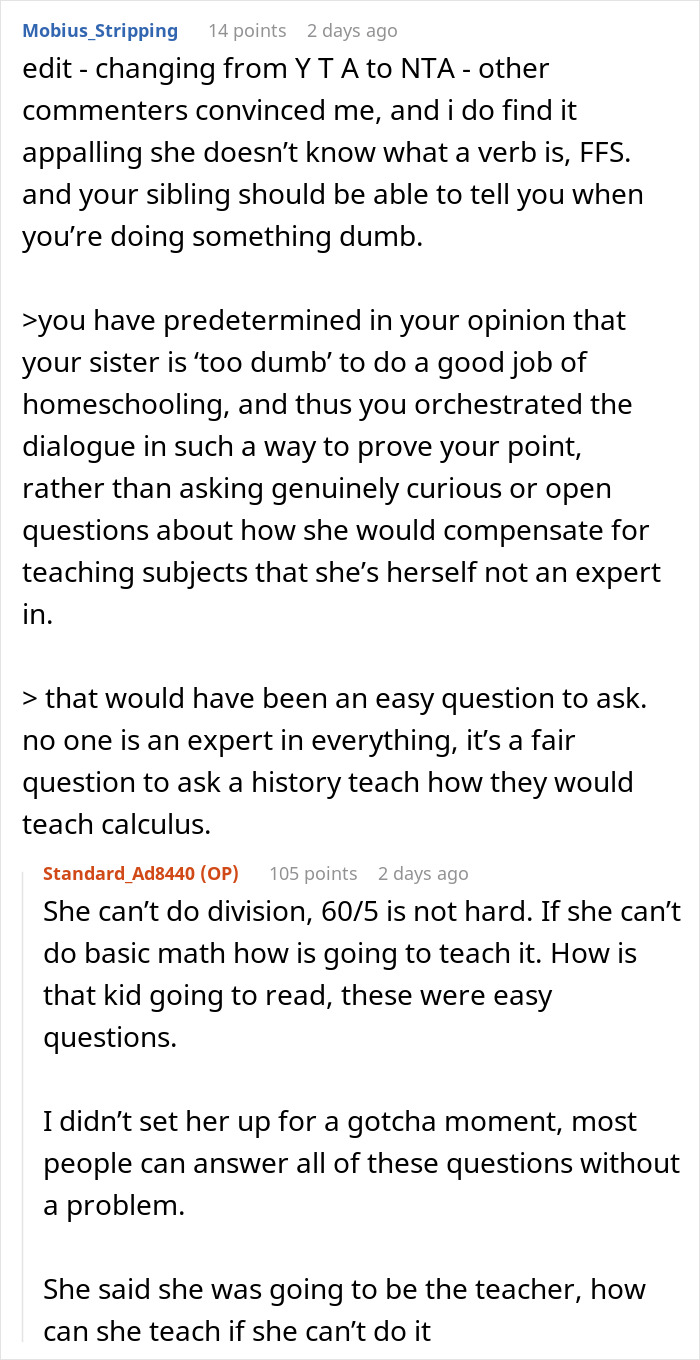 Person Makes Their Sister Cry By Quizzing Her After She Claimed She Would Homeschool Her Kid