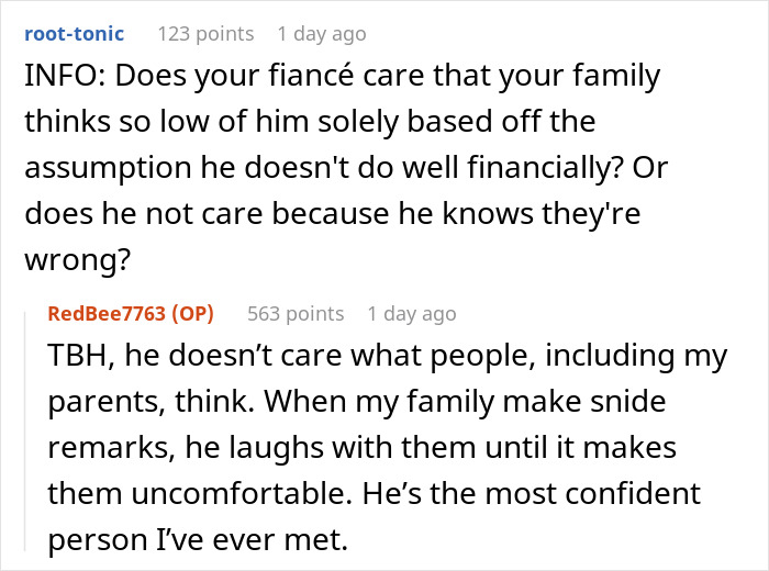 Reddit discussion about family rejecting fianc&eacute; and her revealing his earnings amid conflict and confidence shown by fianc&eacute;.