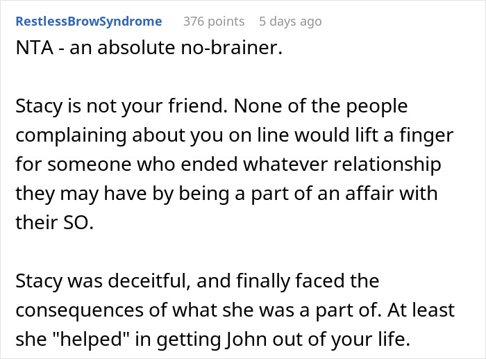 Comment from RestlessBrowSyndrome discussing betrayal and consequences after maid of honor's boyfriend breakup and wedding exit.