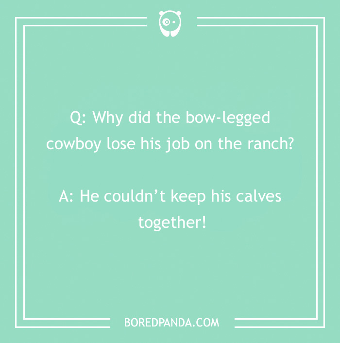 Cowboy joke: Why did the bow-legged cowboy lose his job? He couldn’t keep his calves together!