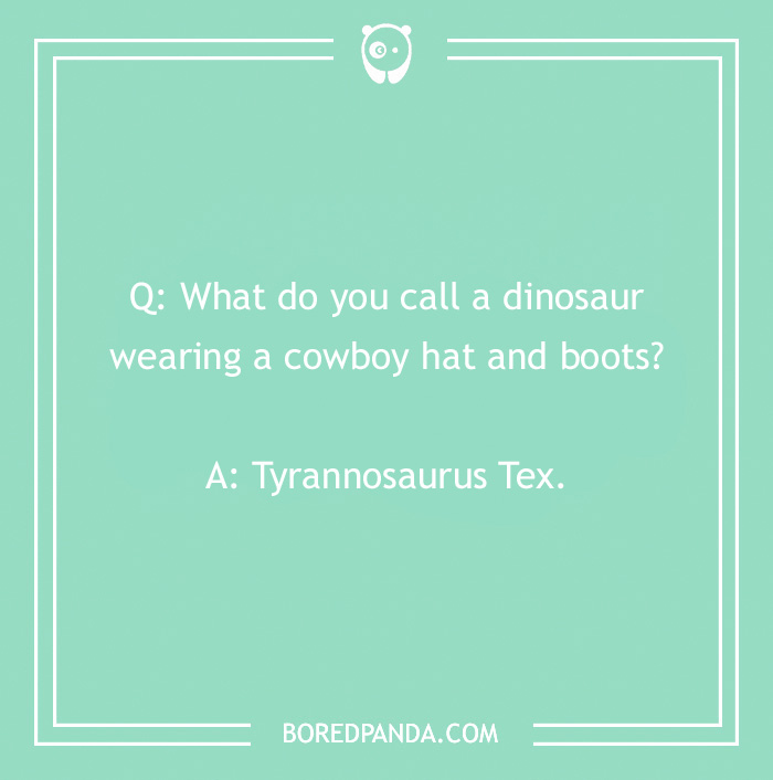 Cowboy joke: "What do you call a dinosaur wearing a cowboy hat and boots? Tyrannosaurus Tex."