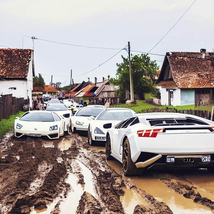Luxury cars stuck in muddy village road, showcasing AI's amusing errors.