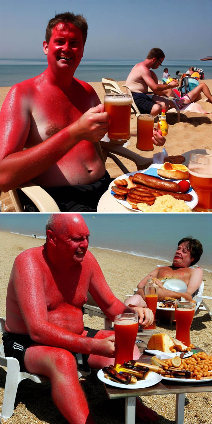 Británicos quemados por el sol en la playa, comiendo desayunos ingleses y bebiendo pintas de cerveza