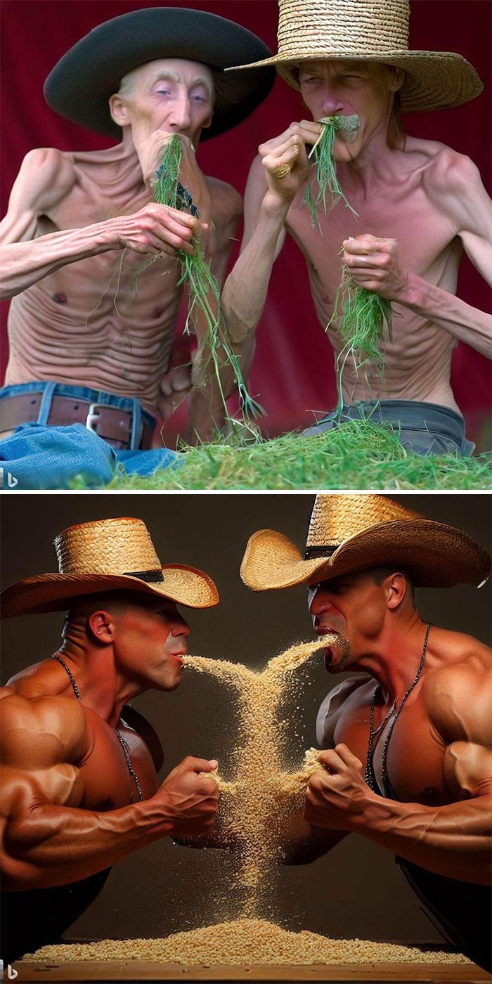 Cursed and hilarious pictures of AI-generated cowboys with exaggerated features, eating grass and grains.