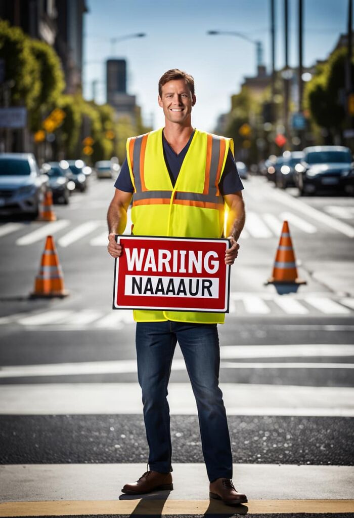 A man holding a humorous "WARIING NAAAUR" sign in a street, wearing a reflective vest, showcasing AI-generated mishap.
