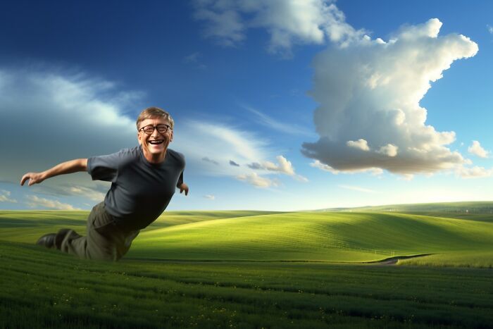 Bill Gates brincando por el fondo de pantalla de Windows XP