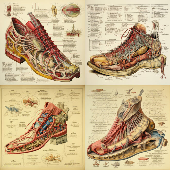 Anatomical shoe illustrations showing exposed internal structures in a humorous, AI-generated style.