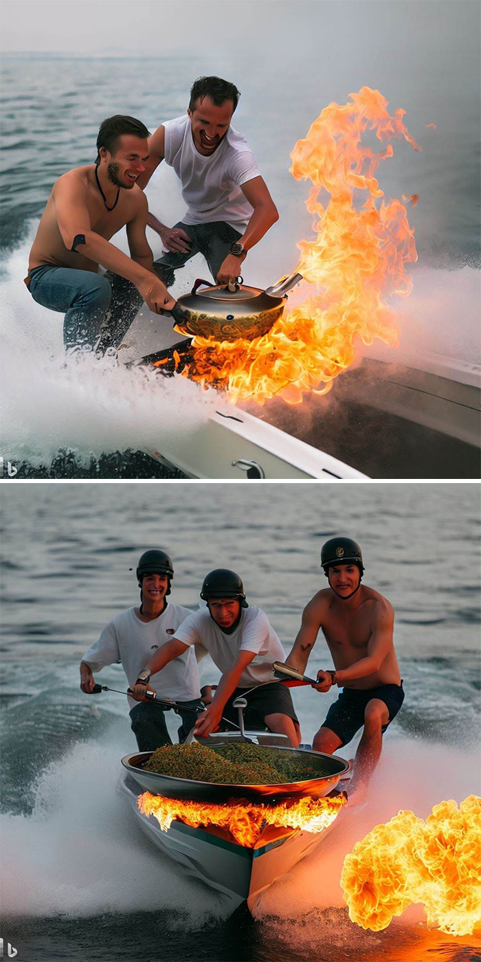 Three people in helmets on a boat, humorously cooking over open flames, showcasing AI-generated surreal art.