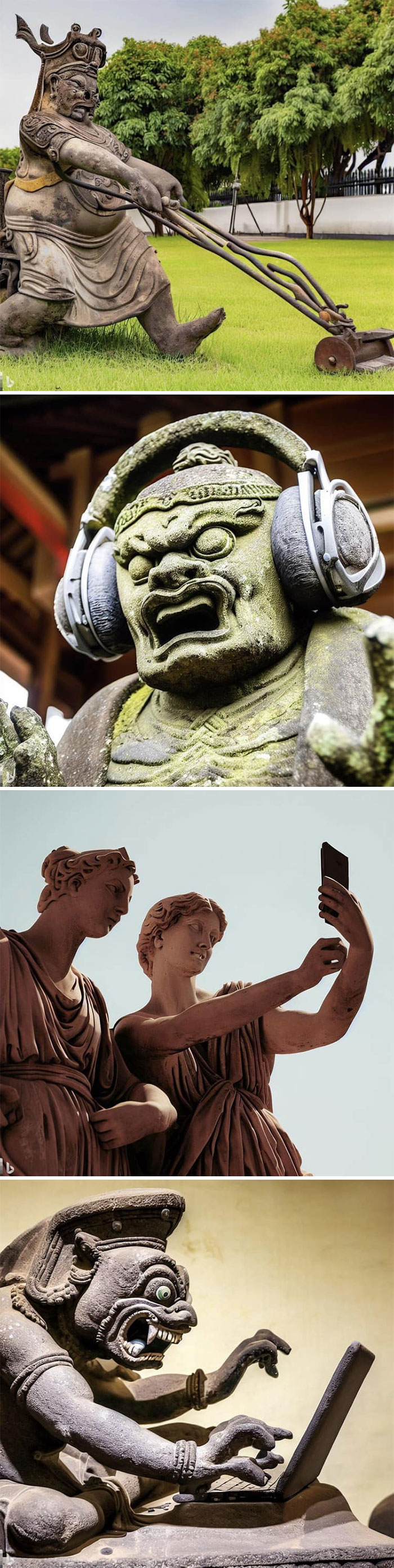 Estatuas antiguas haciendo cosas modernas