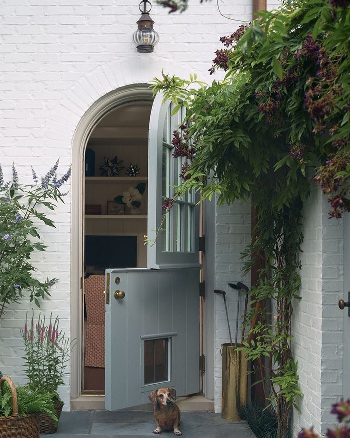 Blue front dutch door with the whole for pets 