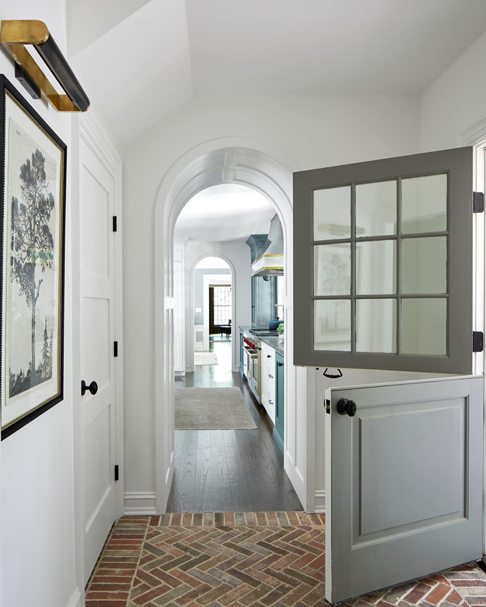 Grey opened dutch door with window 