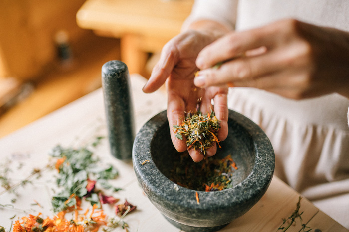 Herbs put in a grinder