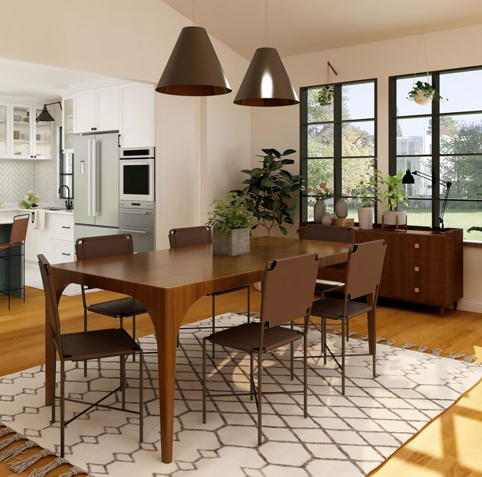 Farmhouse living room with wooden table with chairs white carpet and cupboard Farmhouse living room with wooden table with chairs white carpet and cupboard