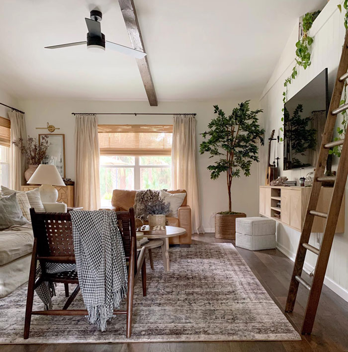 Living room with furniture rug wooden floors and ladders Living room with furniture rug wooden floors and ladders