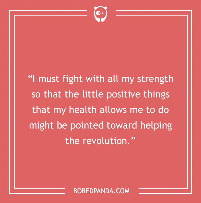 Frida Kahlo quote on strength and embracing the struggle with health and revolution, shown on a red background. - 25