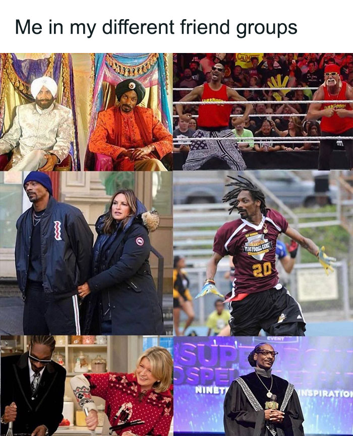 Collage of humorous friendship memes featuring a celebrity in diverse scenarios.