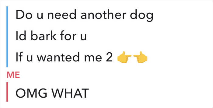 Embarrassing text exchange with someone offering to bark like a dog, met with shock and confusion.