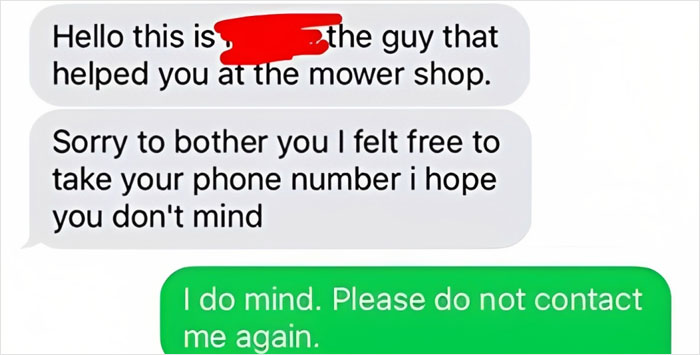 Embarrassing text exchange where unsolicited contact is rejected, highlighting awkward communication.