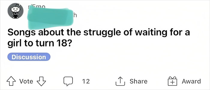 Embarrassing post asking for songs about waiting for a girl to turn 18 on a discussion forum.