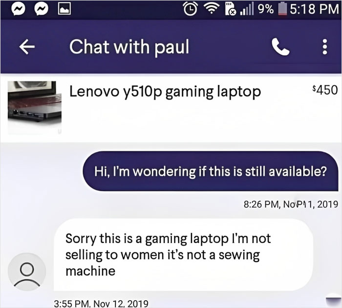 Chat screenshot about a Lenovo gaming laptop for sale with a sexist comment, an extremely embarrassing exchange to look at.