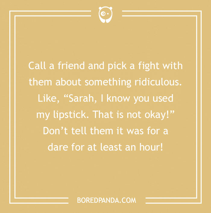 Funny dares text on a beige background with a playful challenge about calling a friend.