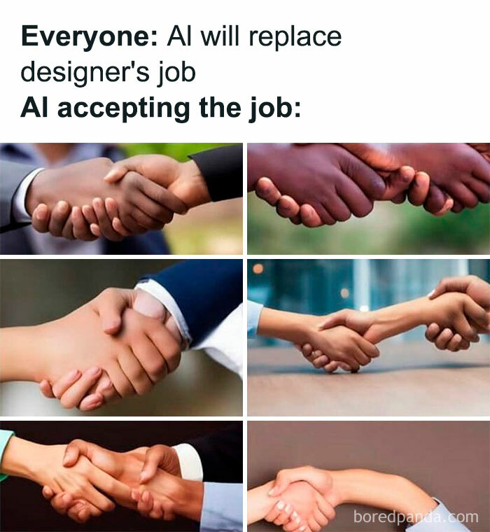 Funny meme for graphic designers showing AI taking a designer's job with awkward handshakes.