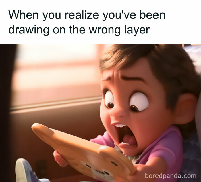 Animated child shocked while looking at a tablet, humorously reflecting a graphic designer's relatable mistake.